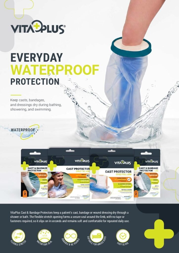 VitaPlus Everyday Waterproof Protection flyer showing the Cast & Bandage Protector range.